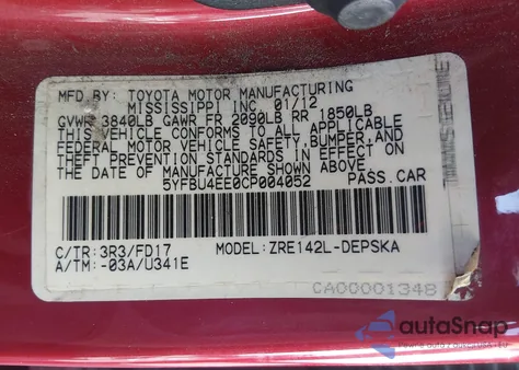 2012 Toyota Corolla S from USA, damaged, VIN 5YFBU4EE0CP004052